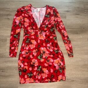 💕H&M Red and Pink Long Sleeve Dress with Shoulder Detail size M